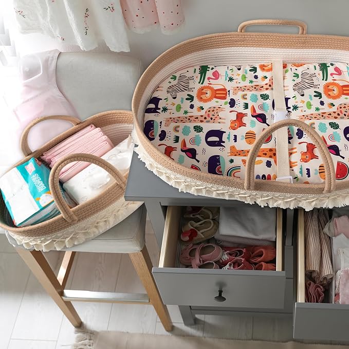 Baby Changing Basket, Boho Moses Baskets for Newborn, Baby Basket for Baby Dresser, Diaper Changing Basket for Baby with Diaper Caddy, Cartoon Changing Pad, Waterproof Sponge Cushion, Storage Bag