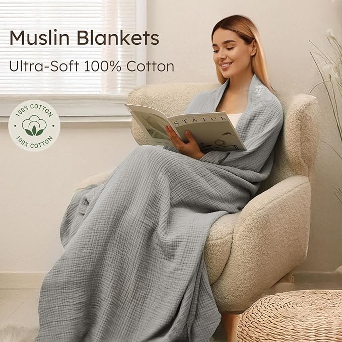 100% Cotton Muslin Blanket Twin XL Size 66" x 90" for Bed Couch Summer Gauze Blanket for Adults Lightweight and Breathable Grey