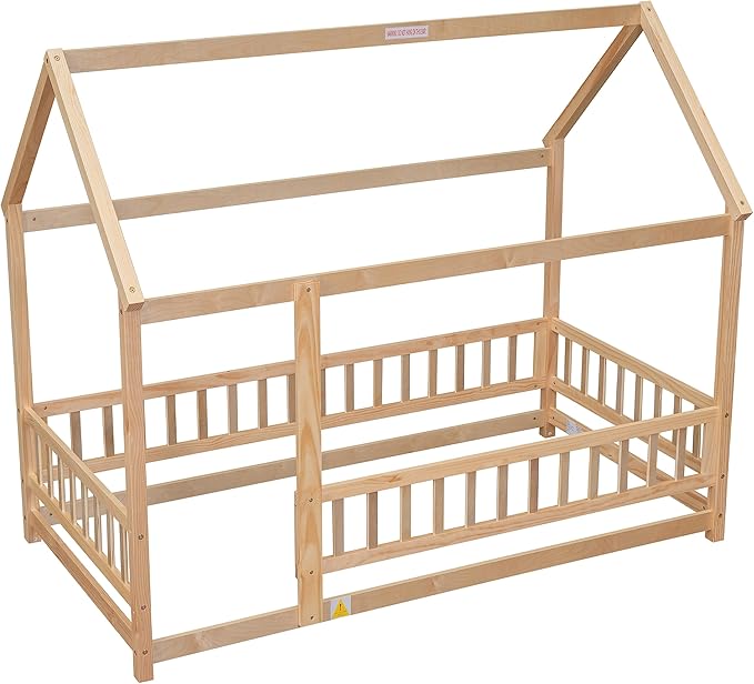 Bellemave Twin Size House Floor Bed Frame,Wooden Montessori Floor Bed with Fence for Kids,Twin Size Kids Bed,Natural