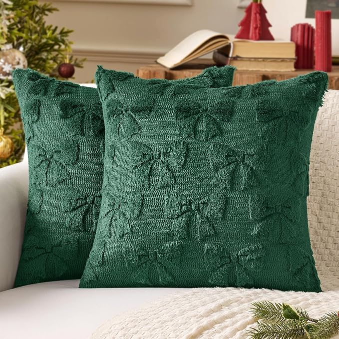 MIULEE Christmas Dark Green Bow Pillow Covers Coquette Room Decor Aesthetic Set of 2 Decorative Cute Girl Throw Pillow Soft Plush Faux Pillowcase for Girl Bed Couch Sofa,18x18 Inch