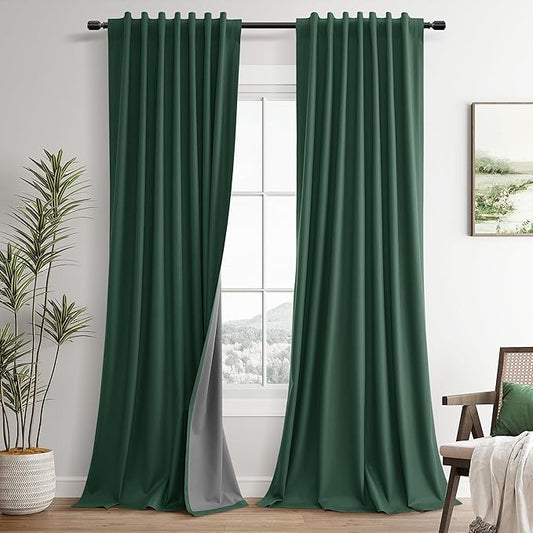 Green Linen 100% Blackout Curtains 120 Inches Long 2 Panels Set Modern Textured Room Darkening Thermal Insulated Noise Cancelling Patio Door Bedroom Dining Room Back Tab Hook Belt 52x120 10Ft