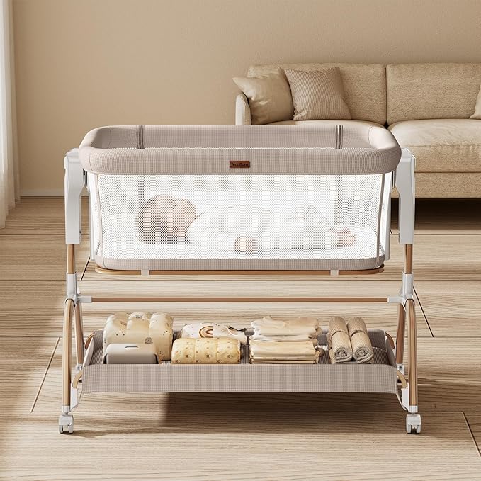 NeoBorn 3 in 1 Baby Bassinet, Bedside Bassinet for Baby, Rocking Bassinet with Breathable Full-Mesh, Mattress and Soft Sheet, Adjustable Height, Stable and Secure Crib for Newborns