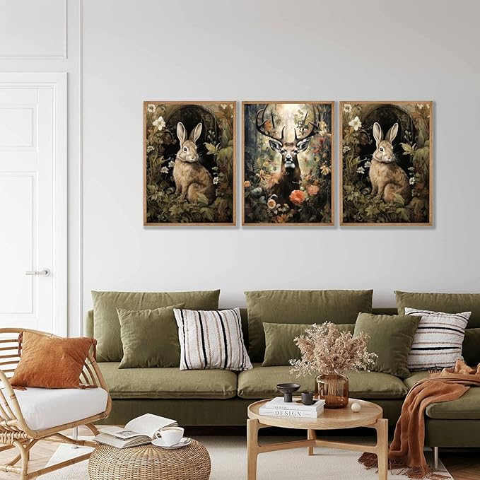 3pcs Vintage Forest Animal Canvas Wall Art Wild Animal Deer Rabbit Fox Paintings Pictures Dark Academia Wall Decor Gothic Botanical Posters Print Artwork for Living Room Office Decor 12x16in Unframed