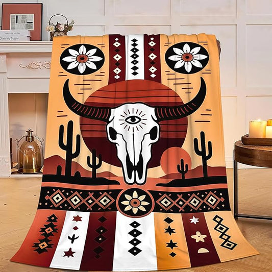 Western Boho Bull Skull Blanket Southwest Aztec Tribal Southwestern Navajo Throw Blanket Soft Cozy Fleece Fuzzy Stuffed Plush Flannel Gifts for Girls Women Boys Kids Adults 40''x50''
