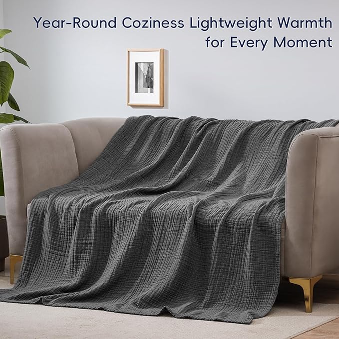 PHF 100% Cotton Muslin Blanket Twin XL Size 66"x90", 4-Layer Lightweight Gauze Throw, Breathable Cloud-Soft Minimalist Blanket for Bed, Couch, Camping & Baby, Greyish Black, Ideal Gift
