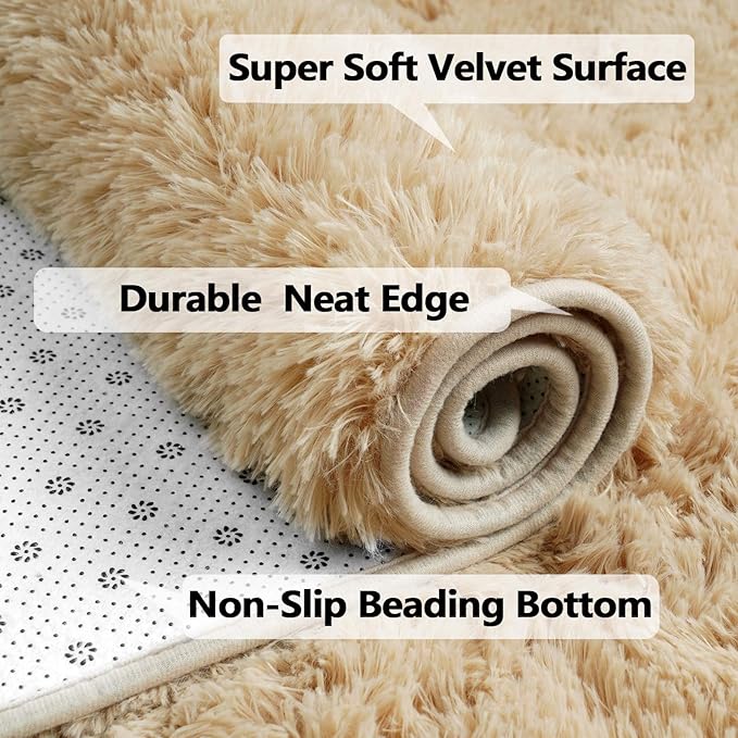 Merelax Soft Modern Indoor Shaggy Rug for Bedroom Livingroom Dorm Kids Room Home Decorative, Non-Slip Plush Fluffy Furry Fur Area Rugs Comfy Nursery Accent Floor Carpet 3x5 Feet, Light Tan