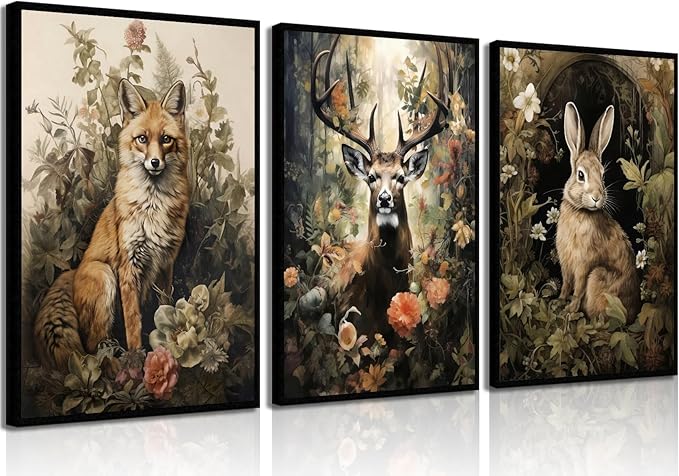 3pcs Vintage Forest Animal Canvas Wall Art Wild Animal Deer Rabbit Fox Paintings Pictures Dark Academia Wall Decor Gothic Botanical Posters Print Artwork for Living Room Office Decor 12x16in Unframed