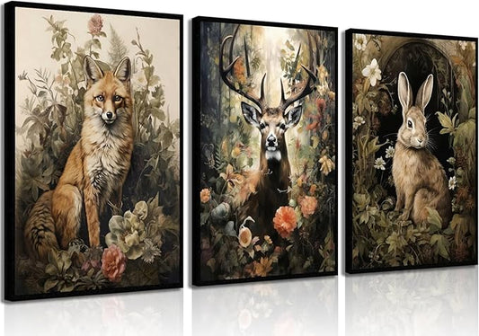 3pcs Vintage Forest Animal Canvas Wall Art Wild Animal Deer Rabbit Fox Paintings Pictures Dark Academia Wall Decor Gothic Botanical Posters Print Artwork for Living Room Office Decor 12x16in Unframed