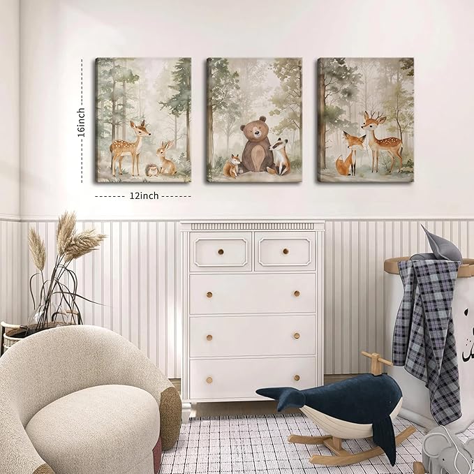 Nursery Canvas Wall Art Set of 3 - Woodland Wild Animals Bear Fox Deer Watercolor Paintings Pictures Wall Decor, Forest Animal Decor for Boys Girls Room Decoration 12x16 inch Framed