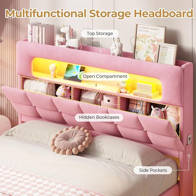 MSmask Queen Upholstered LED Bed Frame with 2-Tier Storage Bookcase Headboard, Velvet Princess Bed with Crystal Button Tufted Headboard & Charging Station, Girls Platform Bed, Curved Legs, Pink