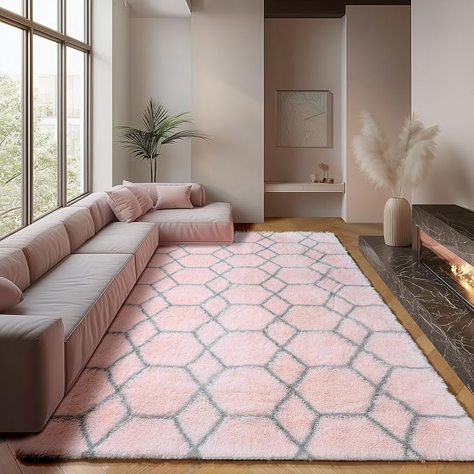 ONASAR 6x9 Area Rugs for Living Room Bedroom, Washable Large Fluffy Pink and Grey Throw Rug, Geometric Soft Plush Shaggy Fuzzy Floor Carpet for Nursery Kids Girls Boys Teen Dorm Home Office Decor