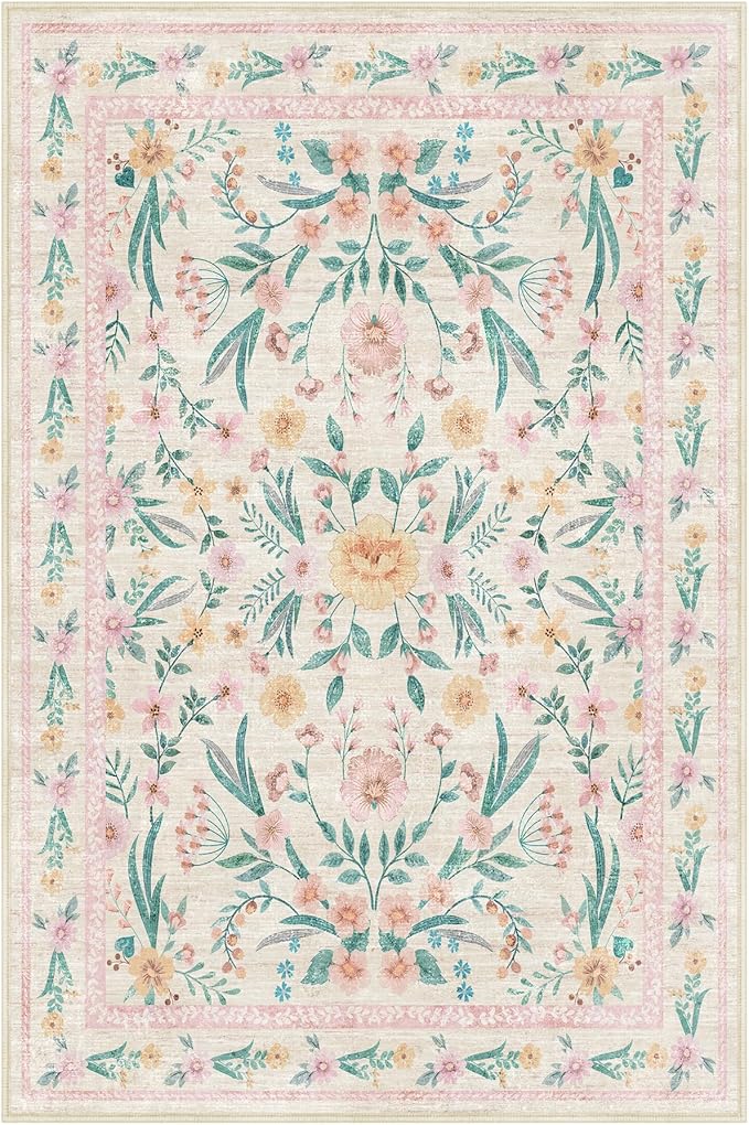 Pink Floral Area Rug 4x6, Washable Non-Slip Soft Carpet for Girls Bedroom, Nursery, or Dorm, French Boho Carpet for Kids Room, Dining Room Home Décor