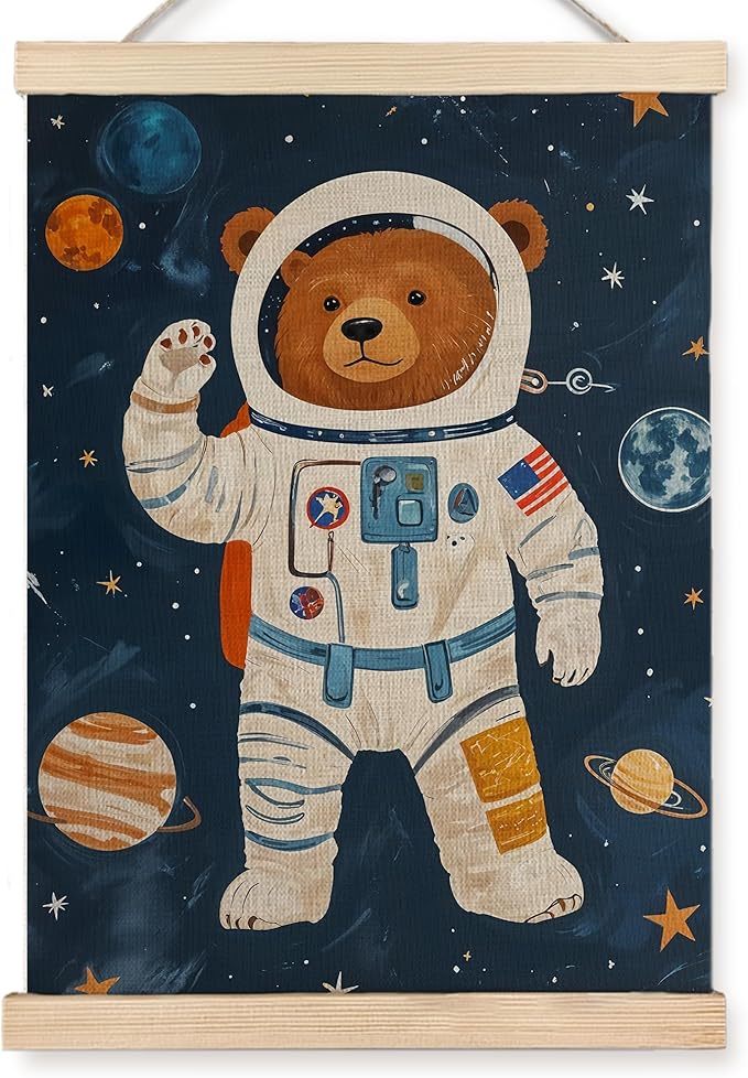 URLLUAE Astronaut Bear Space Wall Art Posters for Kids Room, Cute Outer Space Planet Poster Hanger Frame for Boys Bedroom Classroom Nursery Playroom Wall Decor, 12x16 Inch