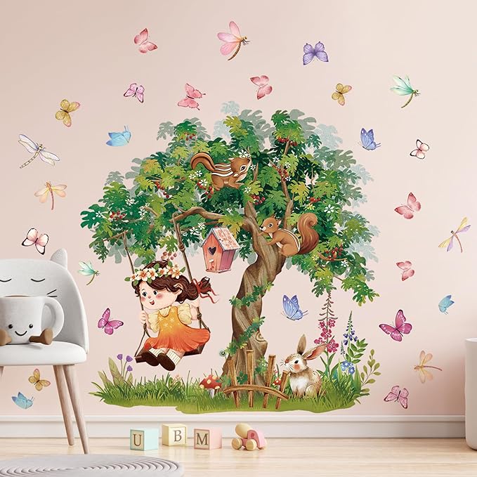 Amaonm Large Whimsical Tree Wall Decal with Woodland Animals, Birds, and Butterflies, Watercolor Green Tree Wall Sticker Decor for Girls Kids Bedroom Living Room Nursery Decoration (B)