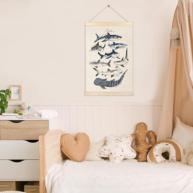 Ecezatik Sharks Poster Hanger Frame, Shark Wall Art, Beach Room Decor, Coastal Home Decor, Shark Hanging Wall Decor for Classroom Nursery Boys Room, Shark Gifts for Shark Lovers, 16x24