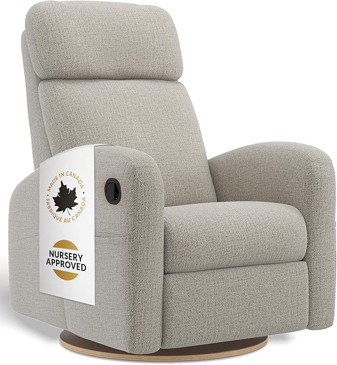 Jaymar Hailey Modern Nursery Glider Recliner Chair (Manual) – Cozy Nursing Chair with 360° Swivel for New Parents, High Back & Low Armrests, Adjustable headrest, Canadian Made (Breather Driftwood)