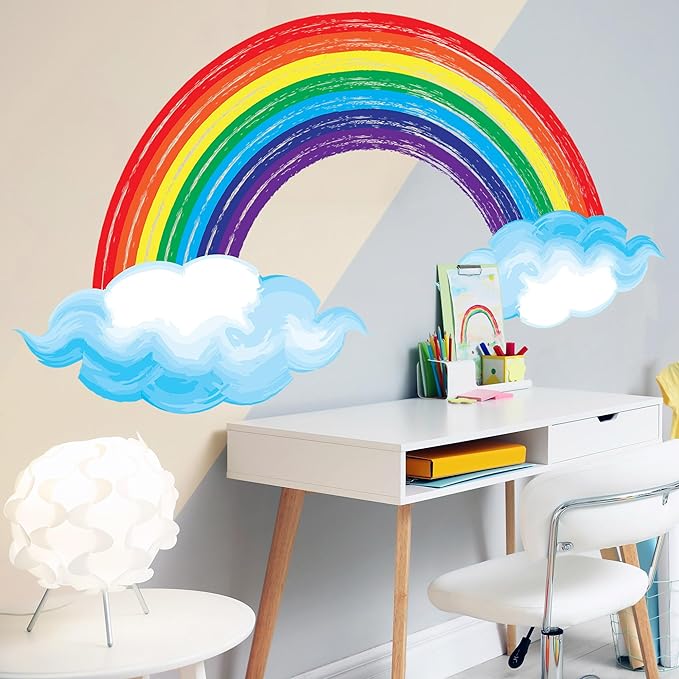 Watercolor Rainbow Wall Decals Lovely Rainbow Wall Stickers for Kids Room, Large Cloudy Rainbow Room Decor Waterproof Peel and Stick Wall Art Murals for Nursery Classroom