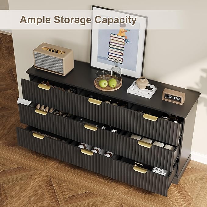 Fluted Dresser with 9 Drawers for Bedroom, 63" Wide Dresser with Metal Handle, Wooden Chest of Drawers for Bedroom, Living Room, Entryway, Black