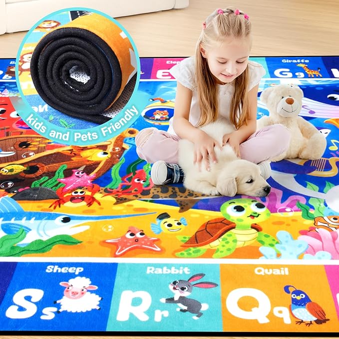 Ocean ABC Rug for Kids Playroom 4x6FT Sea Animals Kids Rugs Non-Slip Play Carpet Baby Play Mat for Floor Washable Alphabet Nursery Preschool Daycare Classroom Carpet
