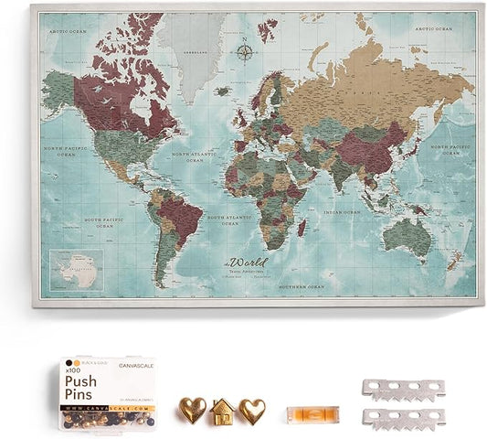 Canvas World Map with Cork Pin Board - English Lettering - Decorative Wall Decoration for All Rooms - Canvas Pictures with World Map Motif (150x100 cm, Pattern 11)