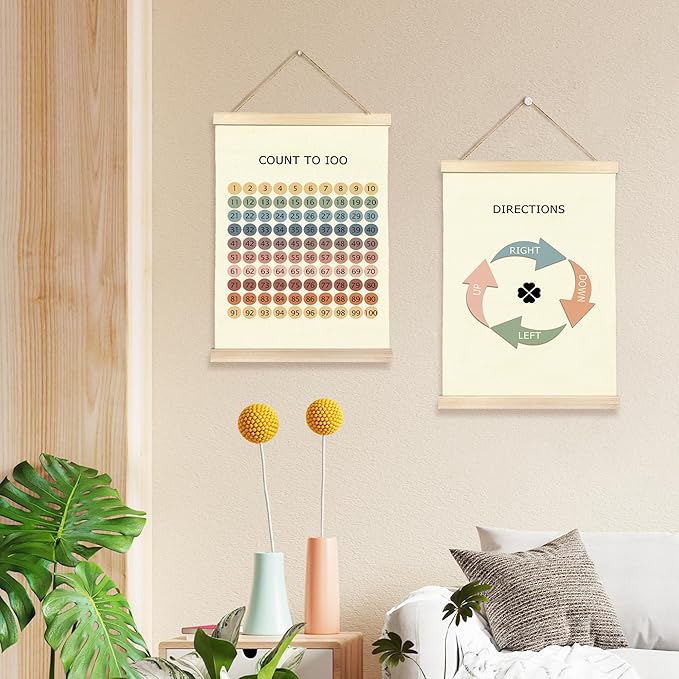 Hiuwevt Boho Classroom Poster Hanger Frame, Number Chart 1-100 and Direction Homeschool Educational Wall Art Decor for Math Classroom Kids Room Nursery Home, 12x16 Inch Set of 2