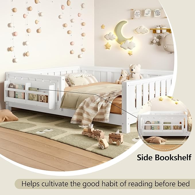 Bellemave Full Size Floor Bed with Slats and Safety Guardrail, Full Size Montessori Floor Bed with Fence and Built-in Bookshelf, Easy Assemble Montessori Beds for Kids, Girls, Boys, White