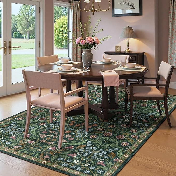 5x7 Washable Area Rug for Living Room, Floral Non-Slip Non-Shedding & Easy Care, Soft Low Pile Forest Boho Indoor Floor Carpet for Living Room, Bedroom, Farmhouse, Dining Room, Kids Playroom, Green