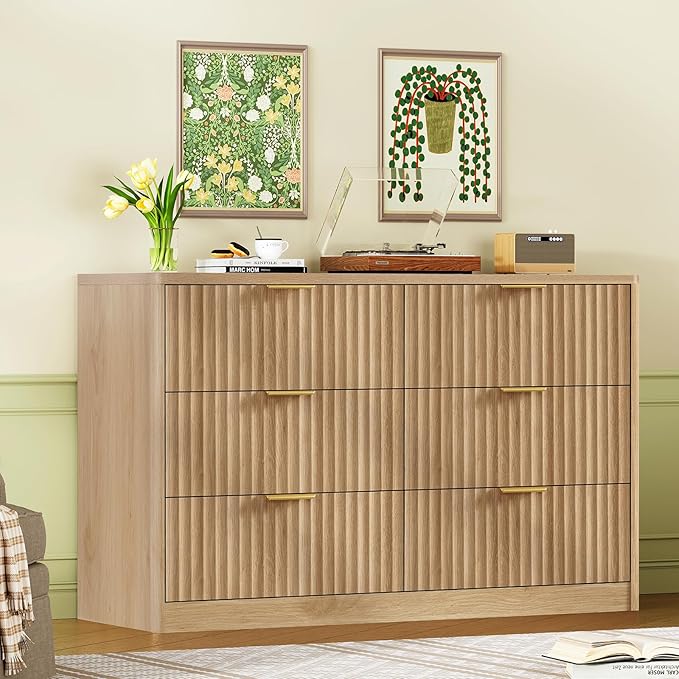 TEENFON Fluted 6 Drawer Dresser for Bedroom, Wide Modern Chest of Drawers with Metal Handle, Curved Profile Design, Wood Closet Clothes Storage Organizer for Bedroom, Living Room, Hallway, Natural