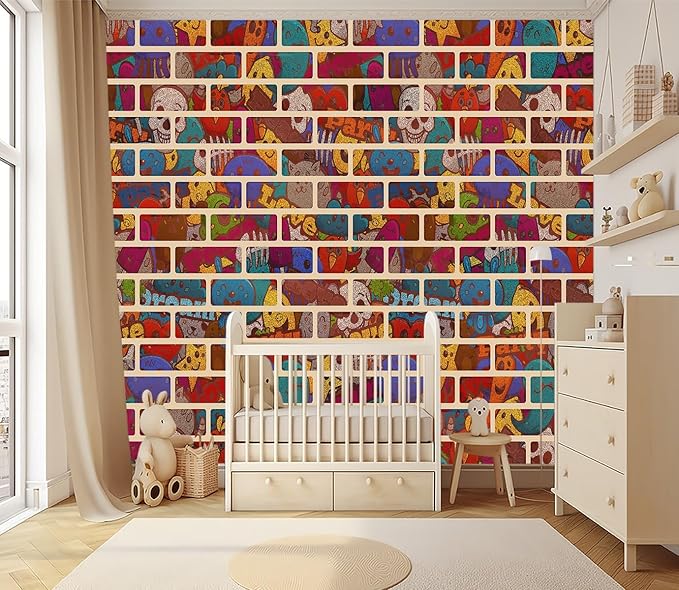 XMPMBM-Graffiti Wall Tile Cartoon Nursery Room Fabric Wallpaper Hand-Painted Kids Gaming Room Wall Mural-W 132" X H 92"（93 Square Foot）