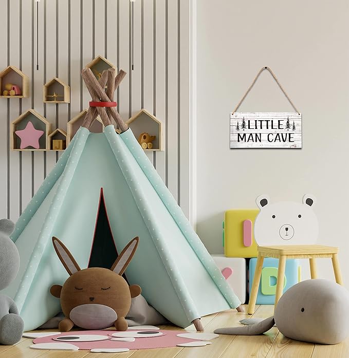 Qinkel 5"x10" Little Man Cave Wood Sign, Nursery Decor For Boys, Natural Baby Room Wall Decor, Woodland Playroom Decor, Gift for Baby Shower, Toddler Kids Bedroom Living Room Hanging Sign -A05
