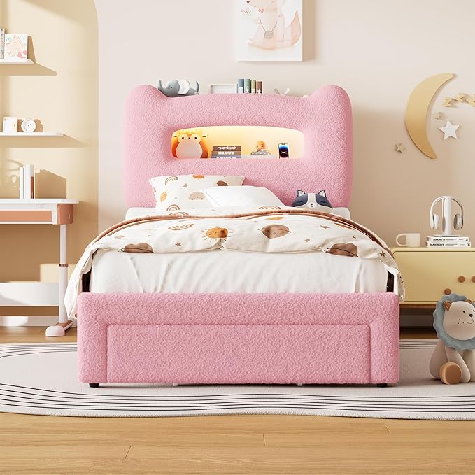 GarveeHome LED Twin Bed Frame with 2-Tier Storage Headboard, Upholstered Platform Bed with Charging Station and Drawer for Kids/Girls/Boys, Heavy Duty Metal Support, No Box Spring Needed, Pink