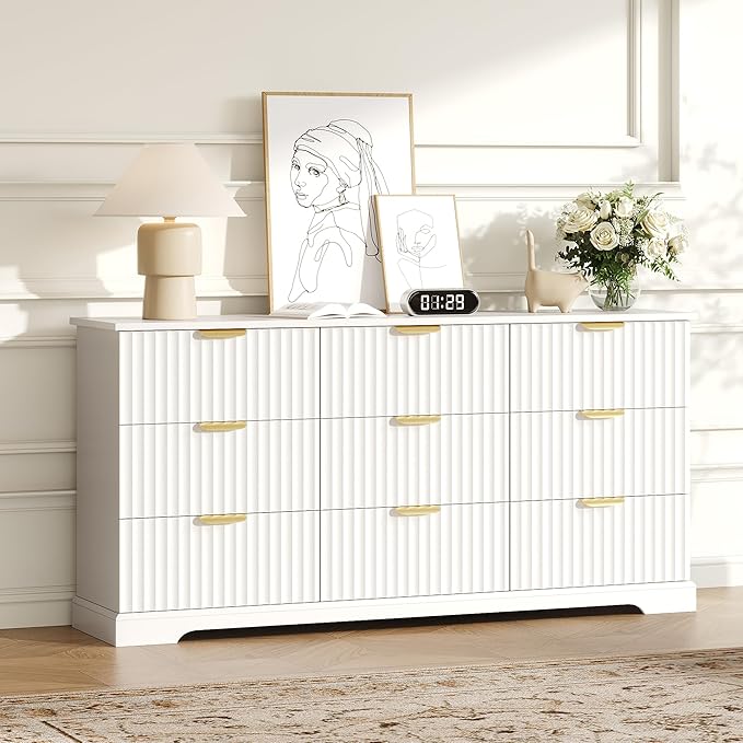 Fluted Dresser with 9 Drawers for Bedroom, 63" Wide Dresser with Metal Handle, Wooden Chest of Drawers for Bedroom, Living Room, Entryway, White