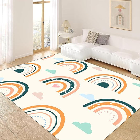 Children's Carpet Girl's Bedroom Rainbow Carpet Living Room Area Rugs Soft Washable Non-Slip Rugs Simple Lovely Rainbow White Cloud Print Children's Room Nursery Decoration Beige 5x8ft