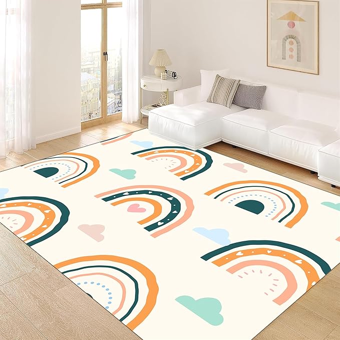 Children's Carpet Girl's Bedroom Rainbow Carpet Living Room Area Rugs Soft Washable Non-Slip Rugs Simple Lovely Rainbow White Cloud Print Children's Room Nursery Decoration Beige 4x5ft