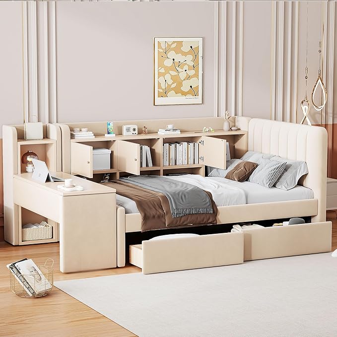 Twin Size Daybed with Desk, Storage Drawers and L-Shaped Bookshelf Headboard, Velvet Upholstered Soft Corner Bed with Flip Cabinets and Shelves for Kids Boys Girls, Beige