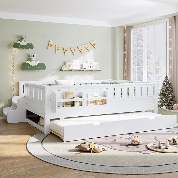Bellemave Full Bed with Trundle and Stairs, Full Size Platform Bed Frame with Fence and Bookshelf, Easy Assemble Beds for Kids, Girls, Boys, White