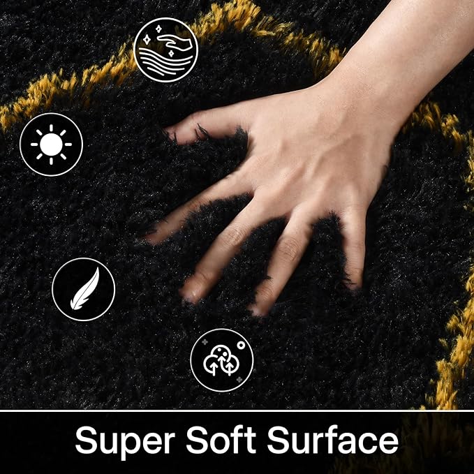 Meralax Hexagon Gold/Black Rugs for Living Room Bedroom, 5x8 Soft Area Rug Fluffy Shaggy Bedside Rug, Machine Washable Indoor Floor Carpet for Kids Boys, Dorms, Nursery Rooms, Home Decor Aesthetic
