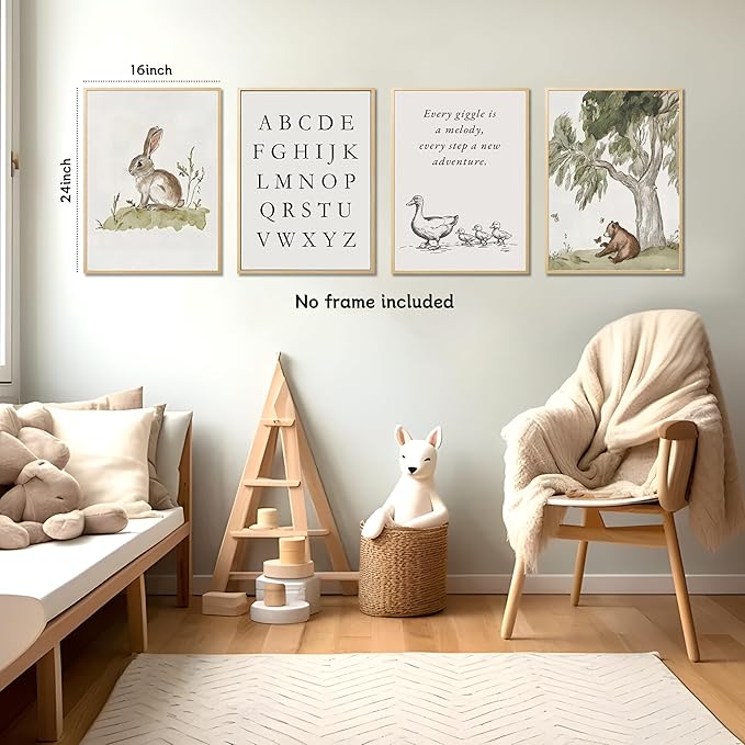 Nursery Gallery Wall Art Animal Canvas Prints Vintage Rustic Poster Set for Kids’ Room Decor Alphabet Inspirational Quotes Wall Art Neutral Baby Room Painting Unframed16x24 Inches