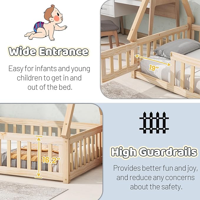Twin House Bed Frame with Fence Rails and Door,Wood Montessori Floor Bed with Slats Support,Teepee Tent Beds Kids Bed Frames for Girls Boys, Natural