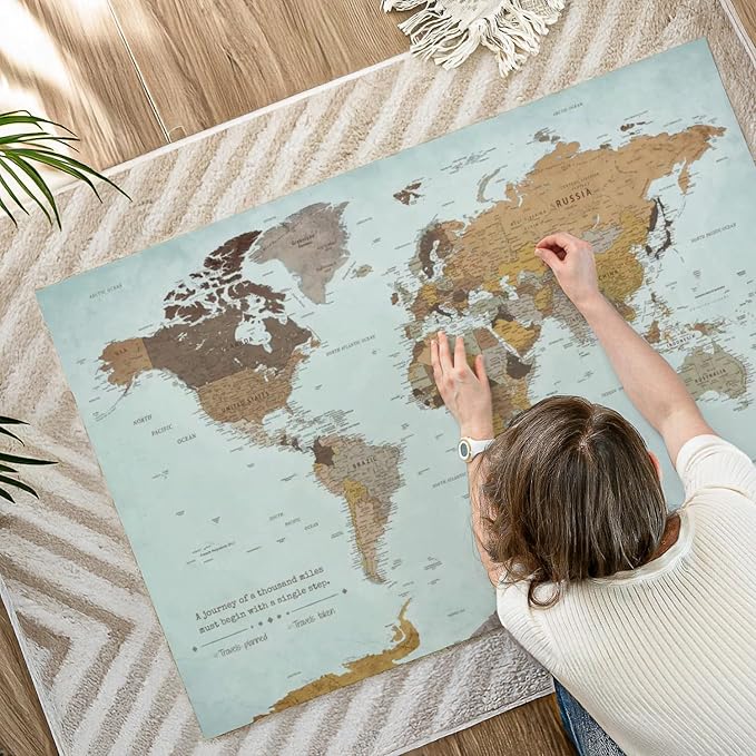 ElephantStock - A Thousand Miles World Push Pin Map Wall Art - Horizontal Canvas Wall Art - Living Room Wall Decor - Printmaking Map Canvas Art - Blue And Brown Decor - 48" x 32"