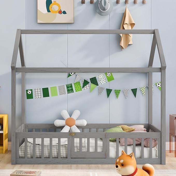 Twin Size Wood House Bed with Fence and Door, Bedroom Distressed Washed Design Bed Frame W/ a Whimsical Sky Roof,Easy to Assemble,for Kids Teens Girls Boys,Gray Wash