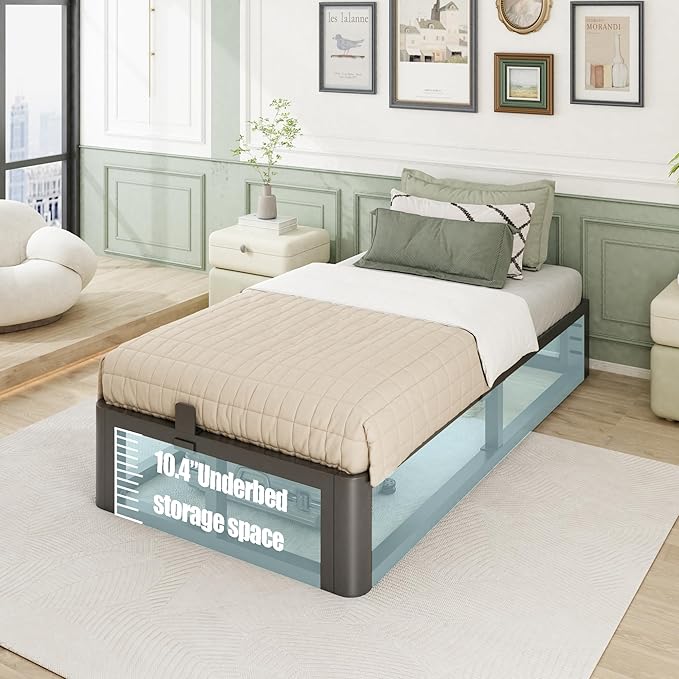 Metal Heavy Duty 12 inch Twin Bed Frame with Rounded Corner and Headboard Hole Mattress Retainers 3500 LBS No Box Spring Needed Platform Noise Free Easy Assembly