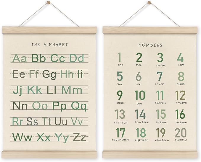 HRQKO Alphabet Numbers Poster Hanger Frame Set of 2, Nursery Wall Decor, Boho ABC Poster Wall Art with Wooden Frames, Sage Green Alphabet Banner Wall Hanging Decor for Toddler Playroom, 12x16 Inch