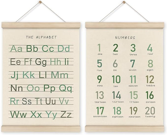 HRQKO Alphabet Numbers Poster Hanger Frame Set of 2, Nursery Wall Decor, Boho ABC Poster Wall Art with Wooden Frames, Sage Green Alphabet Banner Wall Hanging Decor for Toddler Playroom, 12x16 Inch
