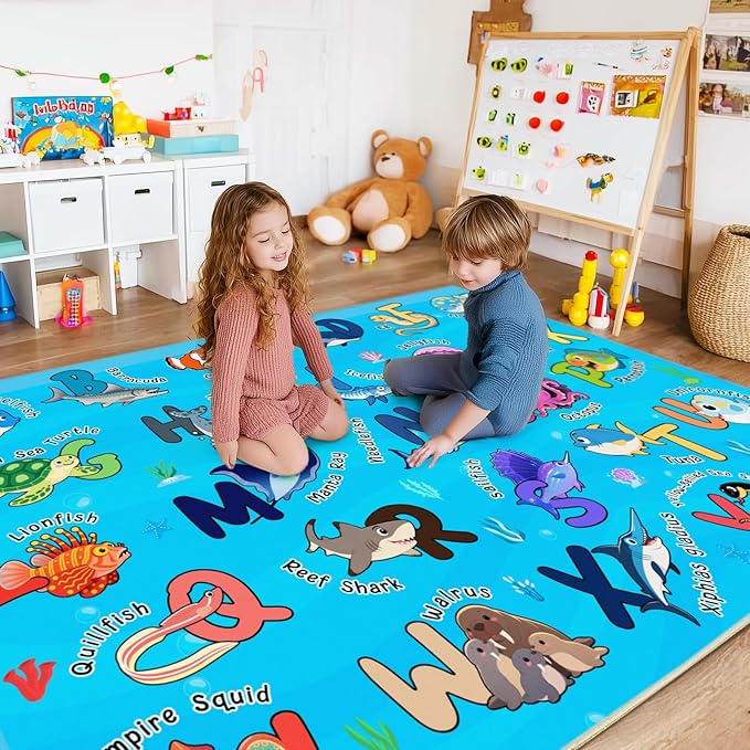 Kids Rugs for Playroom, 8x10 Ft Educational Rug for Learn The ABC Alphabet, Soft Machine Washable Non-Slip Cute Marine Organisms Carpet for Classroom Toddler Nursery Kids Room Decor, Blue