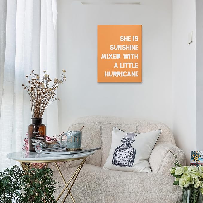 PHAMTE Girls Bedroom Wall Decor,She is Sunshine Mixed with a Little Hurricane Girls Room Wall Art,Sunshine Print Framed Canvas Painting Artwork for Room Bedroom Home Nursery Playroom（11x14 Inch）（Orange）