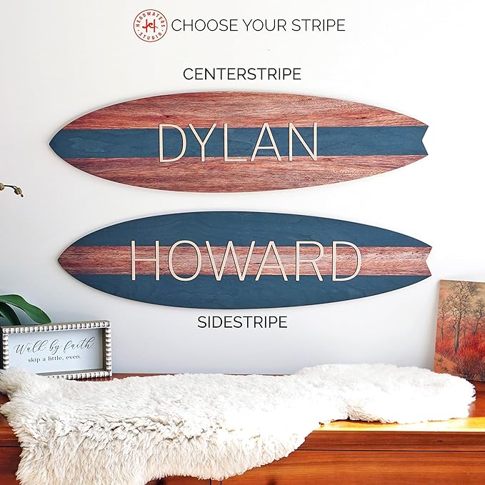 Headwaters Studio Personalized Wooden Surfboard Wall Decor – Custom Name Surfboard Sign for Nursery, Playroom, or Coastal Room – Decorative Surf Board Wall Art-2 Sizes, 12 Colors