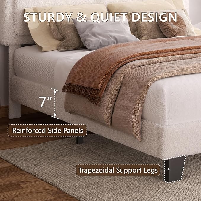 King Size Bed Frame, Upholstered Platform Bed with Adjustable Headboard, Soft Boucle Fabric, Modern Style, No Box Spring Required, Easy Assembly, Off-White