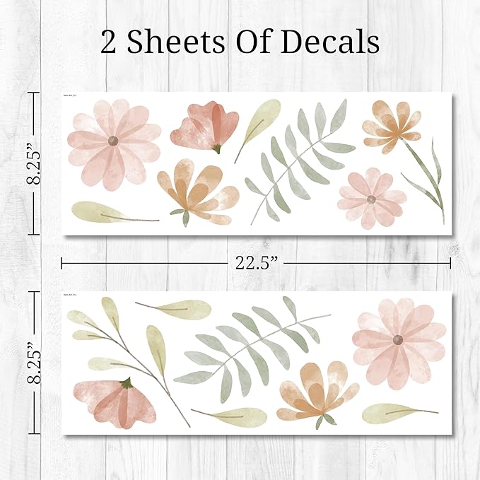 Watercolor Flower Wall Decals - Set of 16 Vinyl Flower Room Decor Peel and Stick Removable Floral Stickers for Nursery Bedroom Bathroom