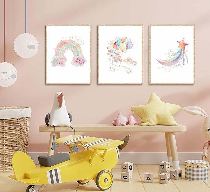 Burshley 3pcs Unicorn Wall Art Canvas Prints Watercolor Rainbow Unicorn with Colorful Balloons Star Posters Paintings Pink Wall Decor for Kids Room Nursery Decoration Unframed